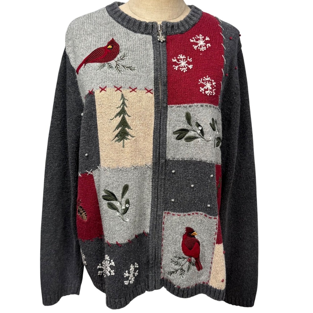 Christmas Winter Cardigan Sweater Women XL Cardinal‎ Snowflake Patchwork Cottage